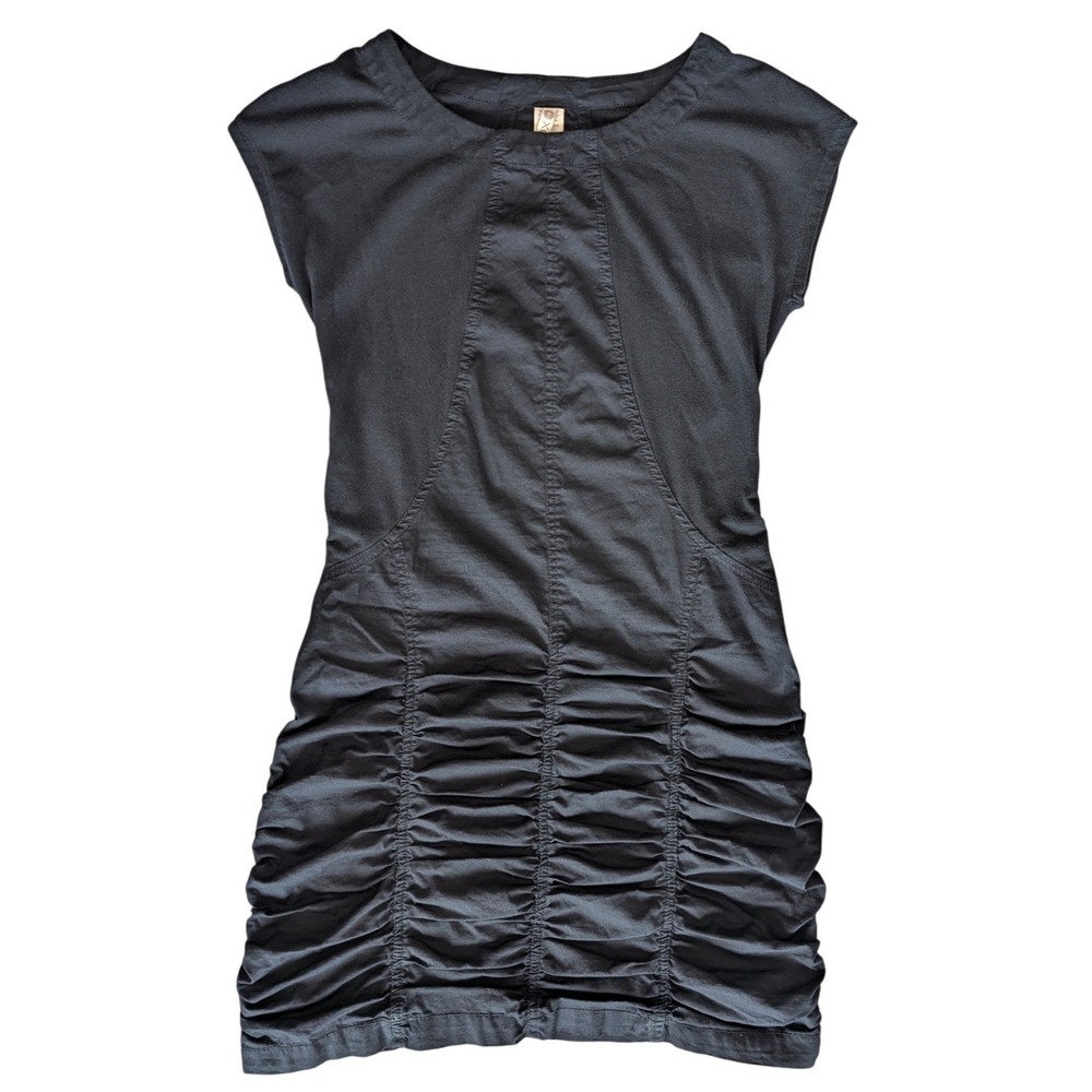 XCVI Small Black Fitted Texture Cotton Stretch Midi Dress Ruched